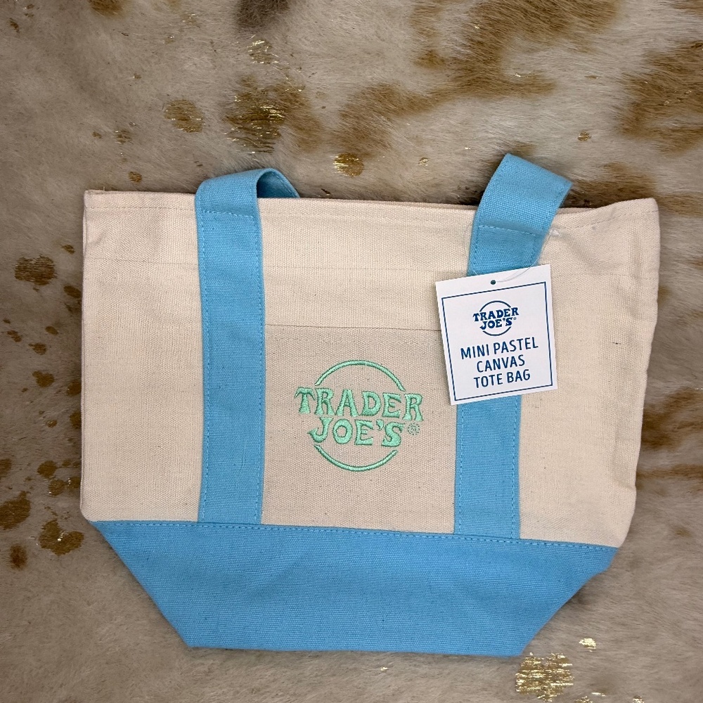 Trader Joe’s Mini Pastel‎ Canvas Tote Bag Blue Limited Edition Embroidered NEW